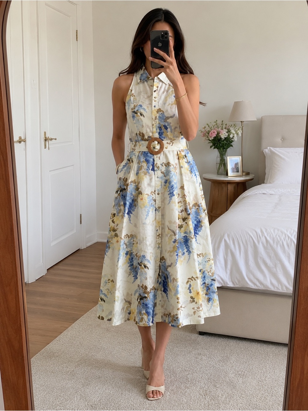 Elie Tahari Sky Floral Linen Belted Sleeveless Shirt Midi Dress Blue Yellow 4